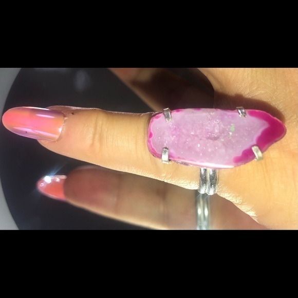 - Pink slice Agate Geode Slice sterling Silver sz 8.5 ring